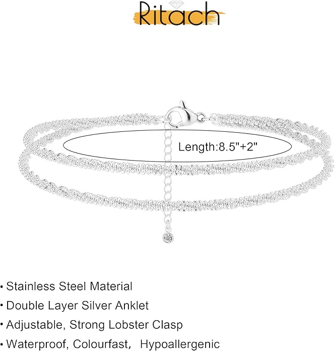 Ritach Ankle Bracelets for Women - Silver/Gold Plated Stainless Steel Anklets for Women Waterproof Layered Cuban Link Figaro Chain Heart Anklets Set Summer Beach Jewelry Gifts
