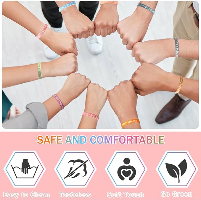 JUNEBRUSHS 64pcs Motivational Quote Silicone Bracelets Bulk Colored Inspirational Rubber Wristbands Unisex Accessories for Women Men Teens Teacher Home Office Party Favor Gifts Supplies (16 Designs)