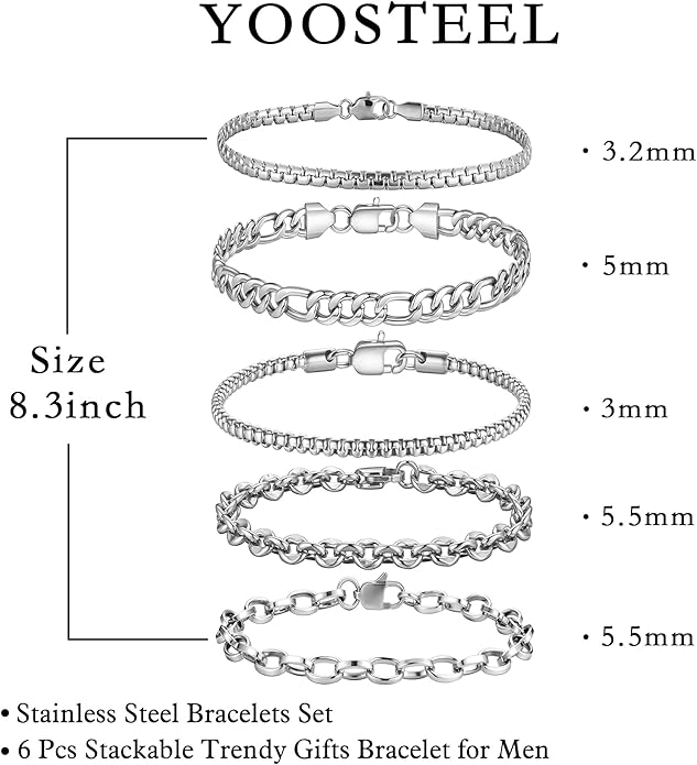 Yoosteel Mens Bracelets - Silver Chain Bracelet Stainless Steel Cuban Link Stack Bracelets Sturdy Rope Paperclip Chains Set 7.5/8.3/9 inches Trendy Jewelry for Men
