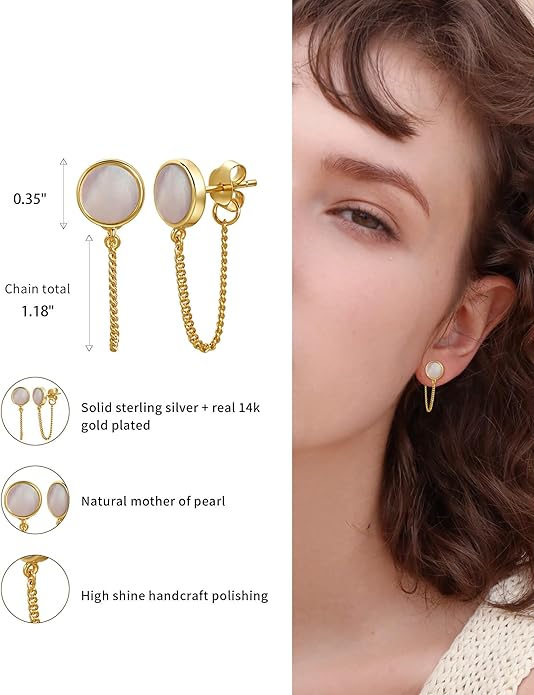 S.Leaf Gold Stud Earrings for Women 925 Sterling Silver Hypoallergenic Mother of Pearl Shell Stud Chain Earrings Friendship Jewelry Gifts for Women Her