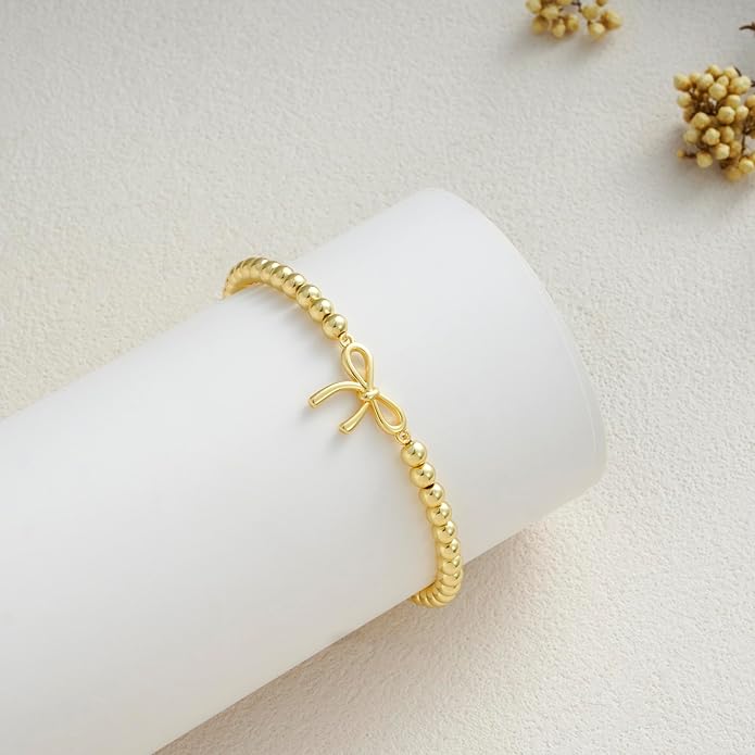 Beaded Bracelet for Women Trendy Stretch Handmade Ball Charm Bracelet Dainty Cross Heart Bow Wave CZ Stackable Jewelry Charm Gifts for Her