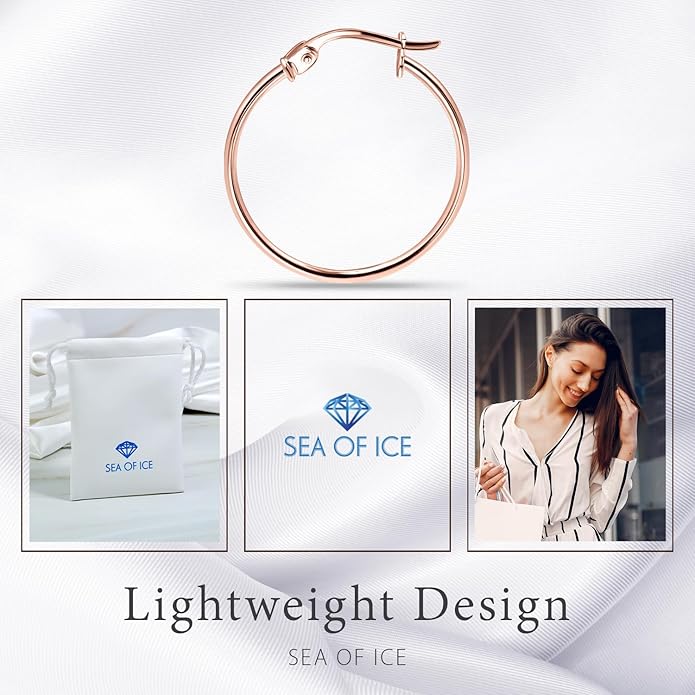 SEA OF ICE 925 Sterling Silver Hoop Earrings for Women - Hypoallergenic Earrings for Women in Sterling Silver, Yellow Gold, Rose Gold or Black Rhodium | Sizes 12MM, 15MM, 20MM or Multipack