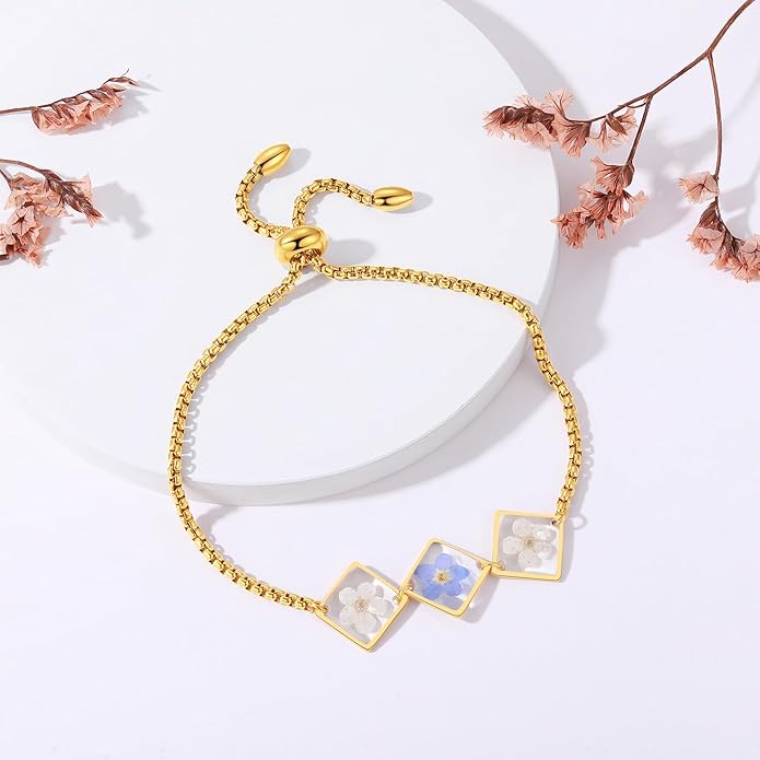 Forget-Me-Not Pressed Wildflower Bracelet | Pressed Flower Bracelet | Gold/Silver Pressed Flower Jewelry | Personalized Handmade Jewelry | Gift For Women