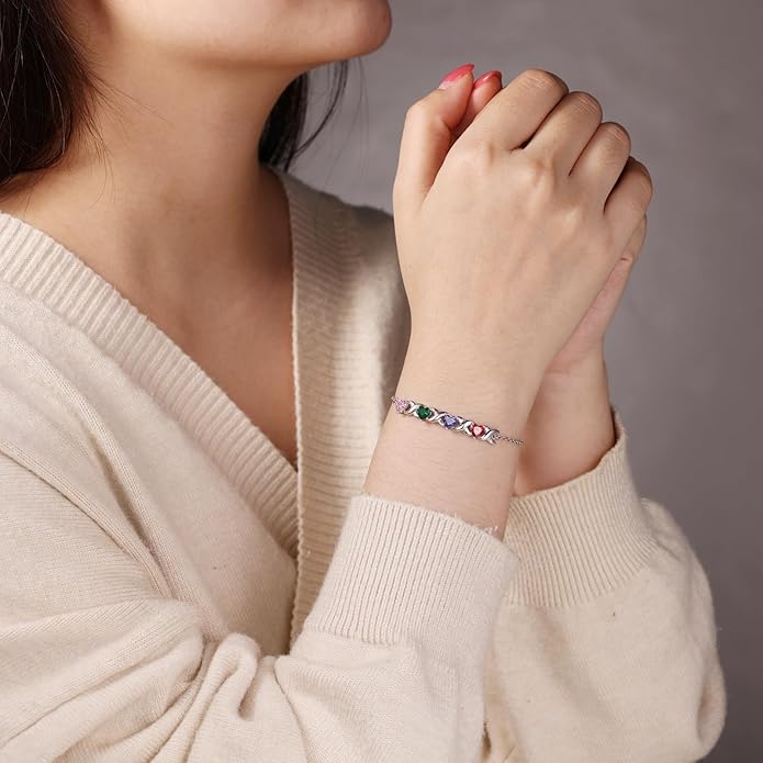 Personalized Custom Name Heart Bracelet with 1-6 Birthstone Bracelets for Women Engraved Family Names Link Bracelets for Mother's Day Mom Daughter