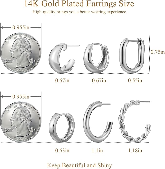 6 Pairs Gold Hoop Earrings Set for Women, Hypoallergenic 14K Gold Chunky Earrings, Lightweight Small Thin Cute Dainty Trendy Clip On Jewelry Gifts for Womens for Multiple Piercing (Gold & Silver)