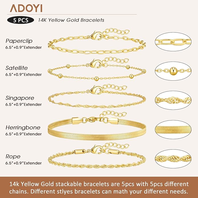 adoyi Gold Bracelets for Women, 14K Gold Plated Stackable Bracelet Stack Set Adjustable Charm Paperclip Chain Cuban Link Layered Waterproof Jewelry Sets Gifts for Womens 6.0/6.8/7.2"