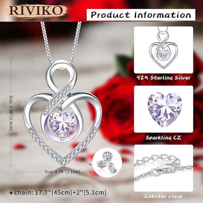 RIVIKO Infinity Heart Symbol Necklace for Women 925 Sterling Silver Love Heart Pendant Valentine's Day Mother's Day Anniversary Birthday Christmas Jewelry Gifts for Women Mom Wife Sister Her Friends