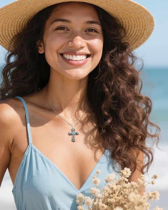Turquoise Cross Necklace for Women, 925 Silver Western Bohemian Vintage healing Necklace, Faith Spiritual Boho Jewelry, Christian Religious Christmas Birthday Gift for Wife Girlfriend Mom