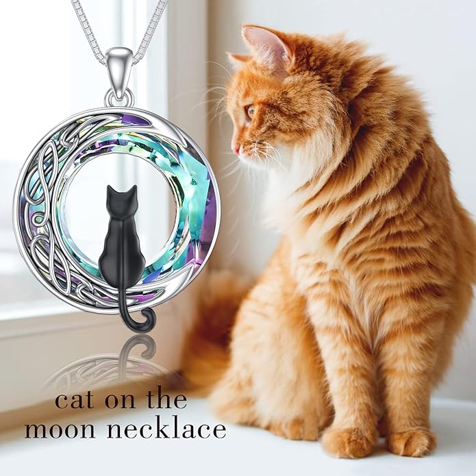 TOUPOP Christmas Cat Gifts for Cats Lovers One Two Three Four Cats Necklace Sterling Silver Cats on the Moon Pendant Necklace with Blue Circle Crystal Birthday Christmas Celtic Jewelry Gifts for Women