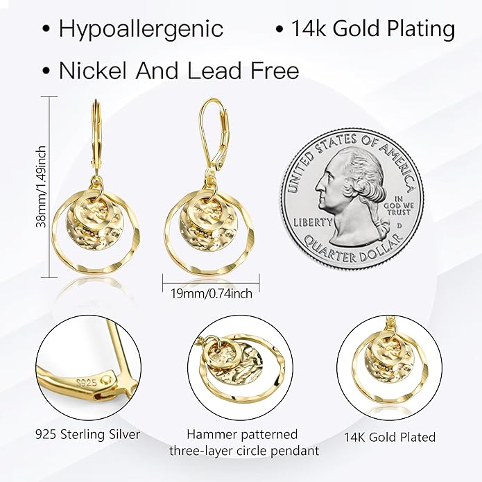 Sterling Silver Disc Leverback Earrings for Women Gold and Silver Circle Drop Dangle Earrings Jewelry Hypoallergenic Hammered Leverback Dangle Earrings for Gifts