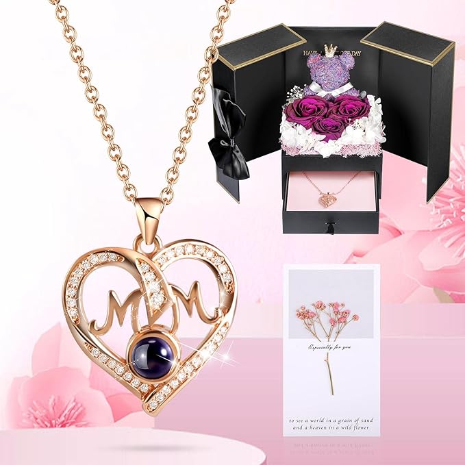 ADDWel Gifts for Mom from Daughter and Son, Unique Mother Birthday Idea, Preserved Real Roses with I Love You in 100 Languages Mom Necklace, Cool Xmas Present to Mother Mama