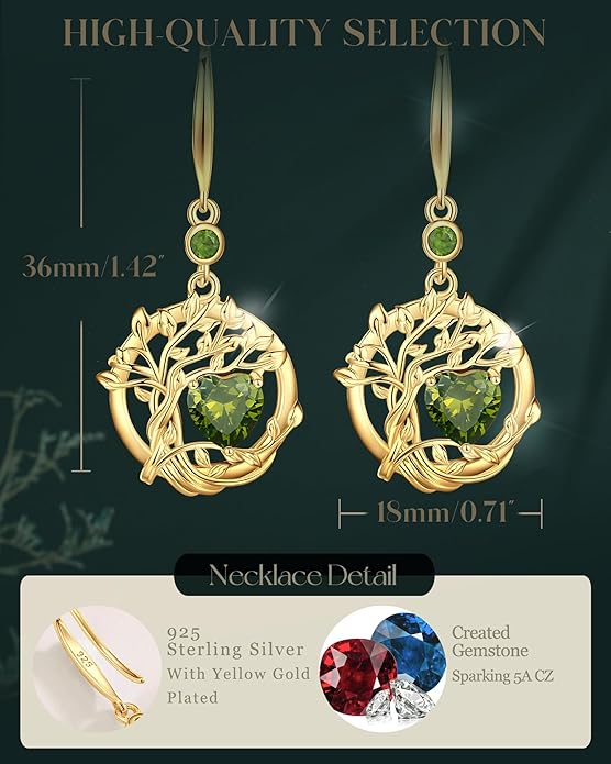 FANCIME Tree of Life Dangle Drop Earrings 925 Sterling Silver Dainty Round Gemstone Birthstone Earring Fine Jewelry Birthday Christmas Gifts for Her Women