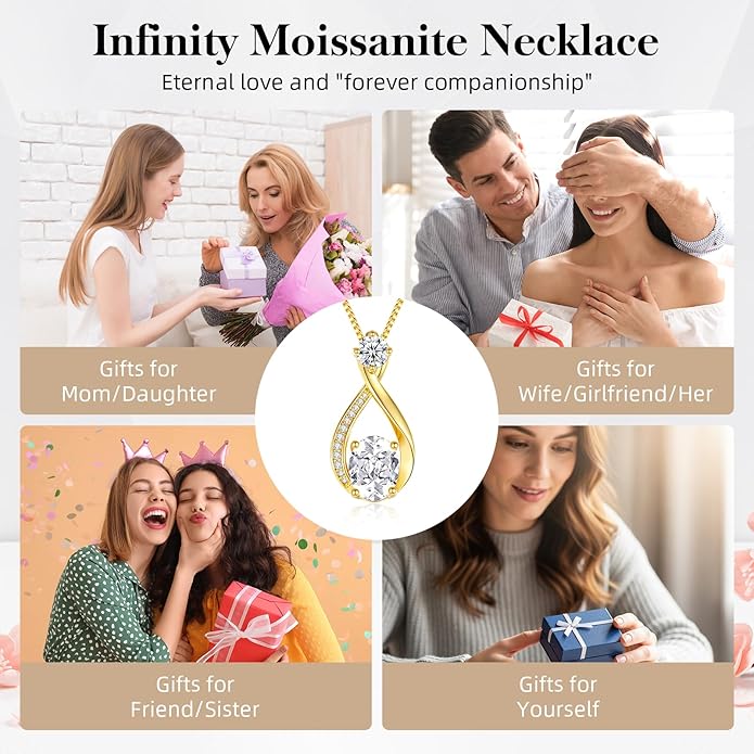 geweio 1.5CT Moissanite Infinity Pendant Necklace in Gift Box|Anniversary Wedding Gifts for Women Wife Her|S925 Sterling Silver 18K White Gold/Gold Filled|Jewelry for Birthday Christmas Valentines Day