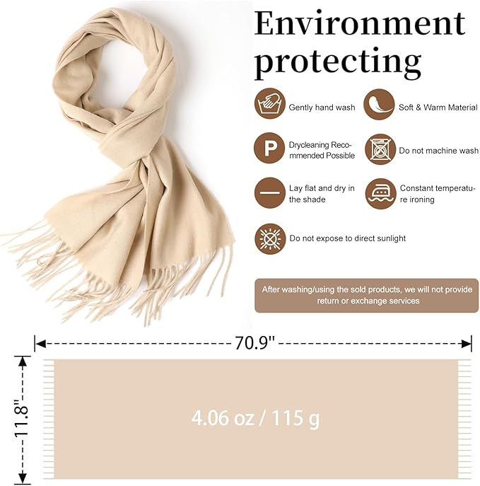 WASALUYA Wool Scarf for Women & Men, 100% Wool Scarves Wrap Shawl with Tassels, Elegant Soft Winter Scarf for Fall and Winter