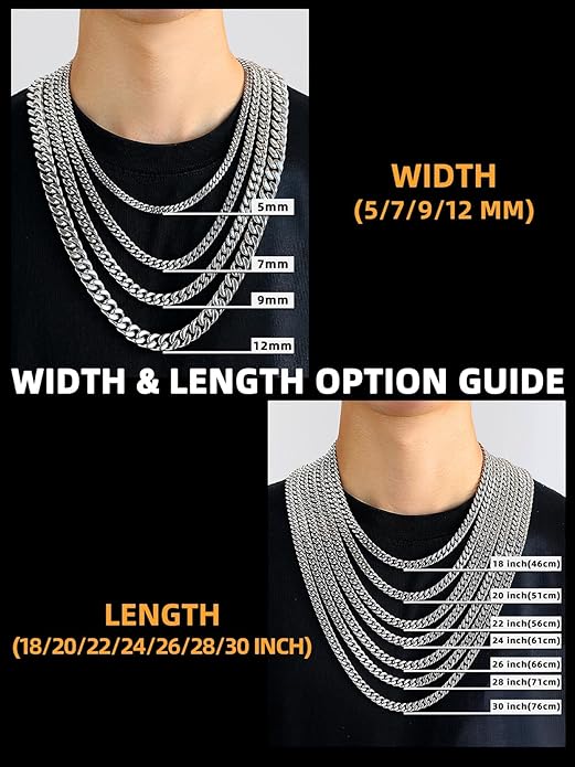 Bestyle Thick Stainless Steel Mens Cuban Link Chain, Black/Gold Chain for Men, No Tarnish & Durable Men Chain Necklace, 5/7/9/12mm Wide, 18"-30" Long, Gift Package