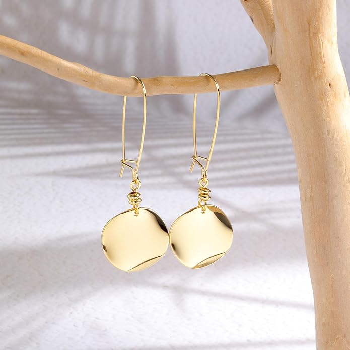 14K Gold Dangle Earrings for Women，Lightweight Circle Disc Coin Geometric Flat Brushed Drop Earrings, Hypoallergenic Leverback Earrings S925 Jewelry