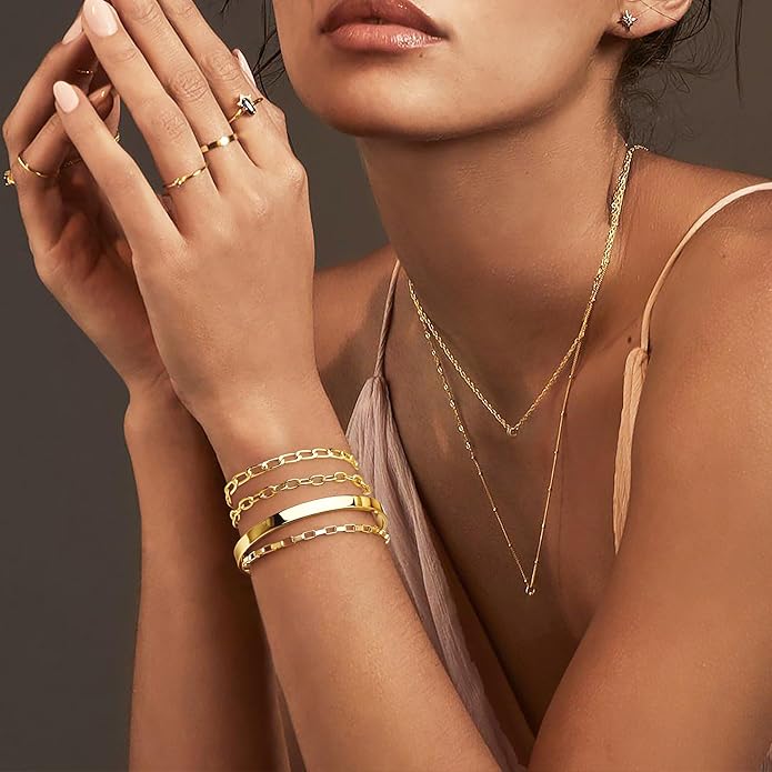 Gold Bracelets for Women Non Tainish,Dainty Bracelets Stack for Women Trendy, Gold Plated Cuff Bracelets Stack With Beaded Cuban Paperclip Snake Rope Bangle Hand Chain Jewelry Gifts for Women