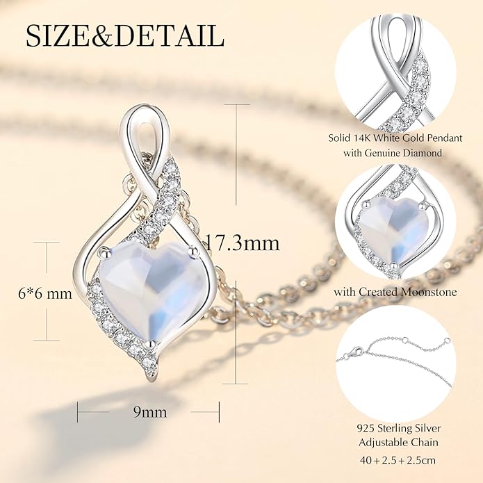 FANCIME 14K Solid White Gold Infinity Heart Birthstone Necklace for Women with Diamond Pendant Birthday Gifts for Mom Women Sterling Silver Chain 16" + 2" Extender
