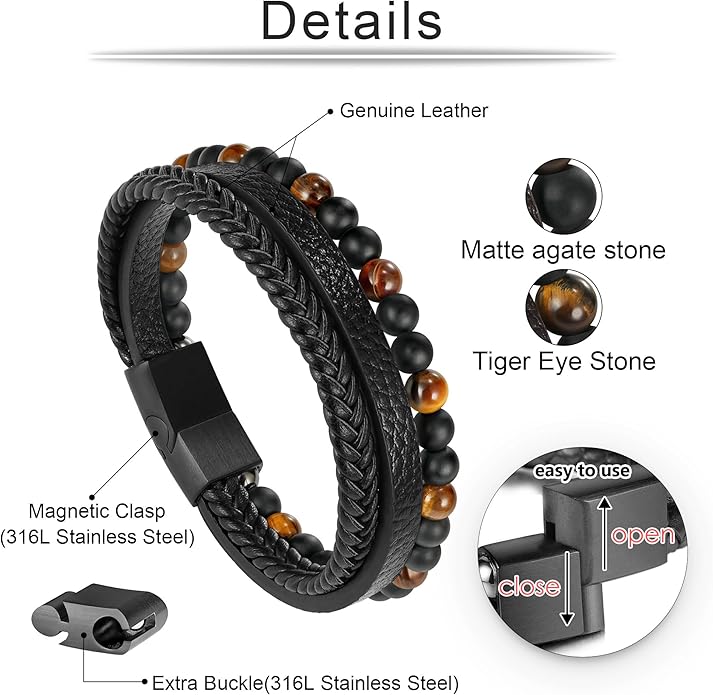Gifts for Men - Layered Leather Beads Bracelet, Tiger Eye Lava Rock Stone Braided Leather Bracelets for Men Adjustable Magnetic Clasp Birthday Gifts