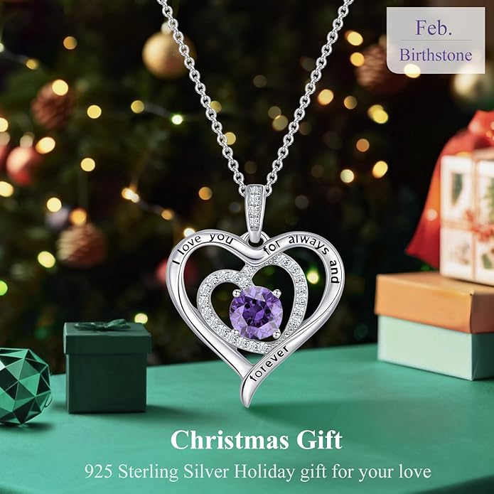 S925 Sterling Silver Necklace for Women, Christams Gift for Women, Love Heart Birthstone Necklaces for Women, Wife Jewelry, Mom Birthday Valentines Mothers Day Gifts, Girlfriend Necklaces, Daughter Heart Jewel, Anniversary for Her