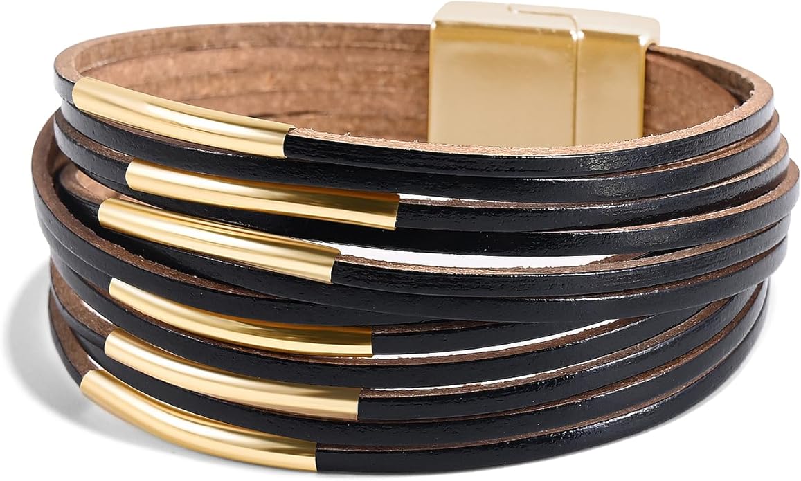 ENGCKSHI Wrapped Bracelets for Women,Leather Bracelet,Boho Bracelets for Women,Multi-Layer Pearl Crystal Bracelet Bangle Jewelry