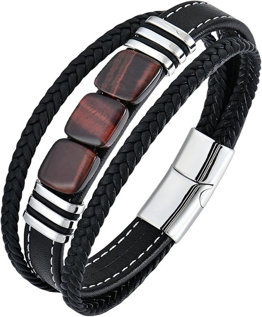 STARCHENIE Multi Strand Bracelet for Men Square Authentic Tiger Eye Black Braided Leather Mens Bracelet and Stainless Steel Buckle