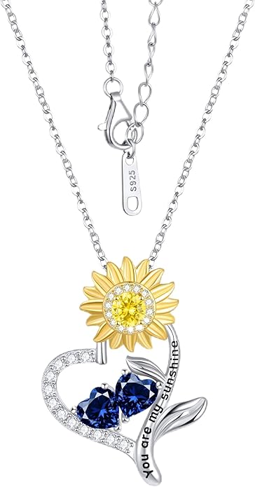 PERJI Valentine's Day Gifts for Women - 925 Sterling Silver Double Birthstone Sunflower Necklace, Anniversary Birthday Jewelry You are My Sunshine Gifts for Wife Couple Girlfriend 18"+2" Non Tarnish
