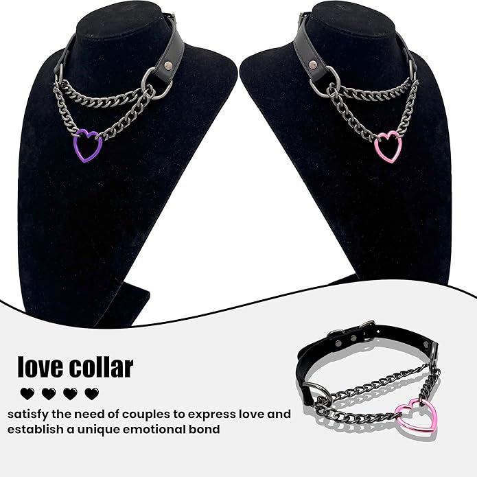 Black Leather Choker Collar For Women, Handmade Heart Slip Chain Choker Long Necklace with Adjustable Buckle