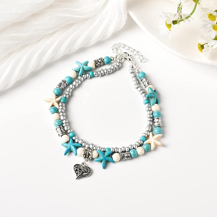 Starain Blue Turtle Anklets for Women Multilayer Beads Handmade Beach Ankle Bracelet Set Boho Foot Jewelry