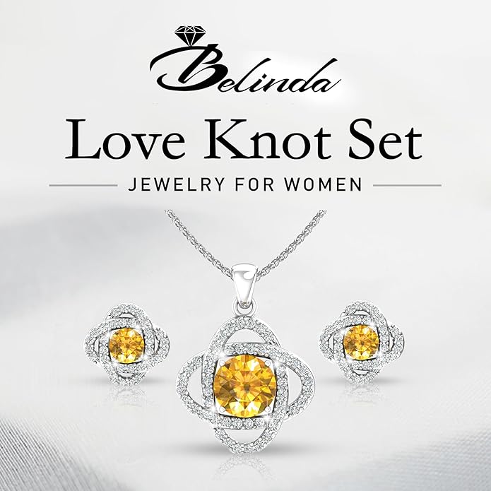 Belinda Jewelz Women 925 Sterling Silver Cute Love Knot Sparkling Gemstone Push Back Stud Earrings Hanging Pendant Necklace Beautiful Fine Jewelry Accessory Set, 1.65 Carat