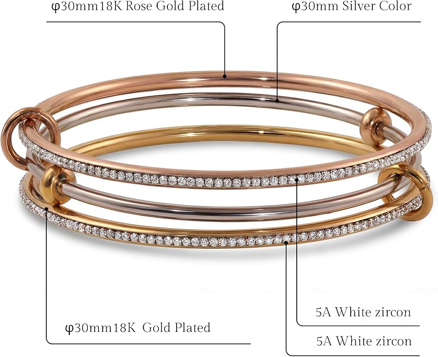 Musishiyu Gold Bracelets for Women Stacking Bangle - 18K Mixed Metal Tri-Color Rolling Interlocking Bands, Cubic Zirconia Fidget Anxiety Jewelry, Valentine's Galentine's Day Gifts (Love, Loyalty, Friendship)