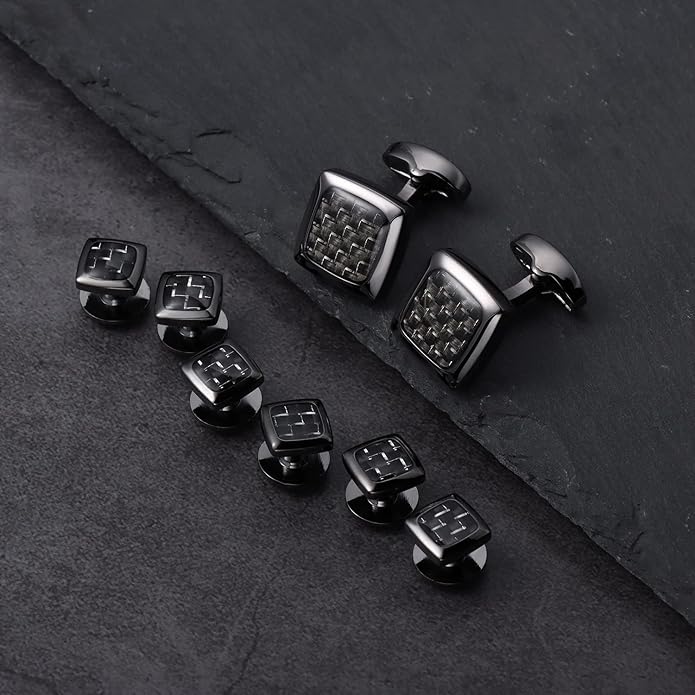 HAWSON Cufflinks and Studs for Men-Fashion Men Vintage Enamel Carbon Fiber Tuxedo Shirt Cufflinks and Studs Set for Regular Wedding Business Accessories