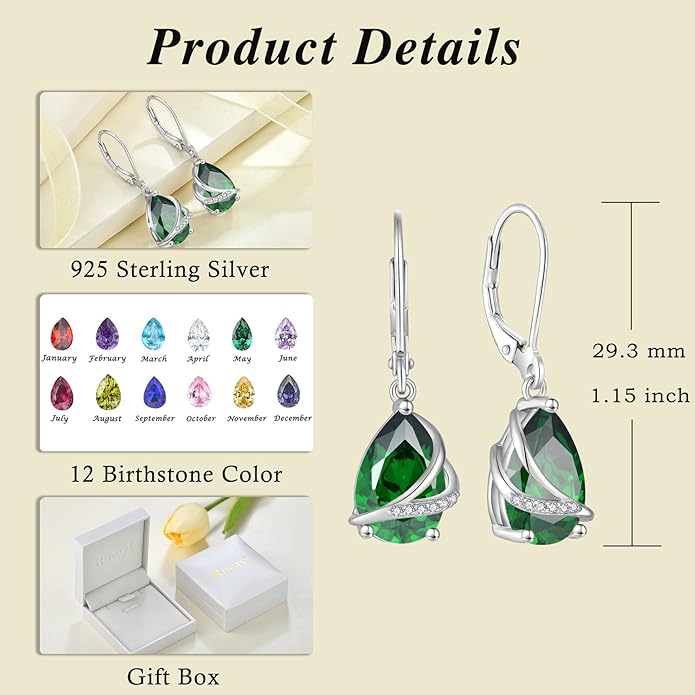 Birthstone Dangle Drop Earrings for Women 925 Sterling Silver Teardrop Leverback Earrings Jewelry Gifts for Wife Mother Her