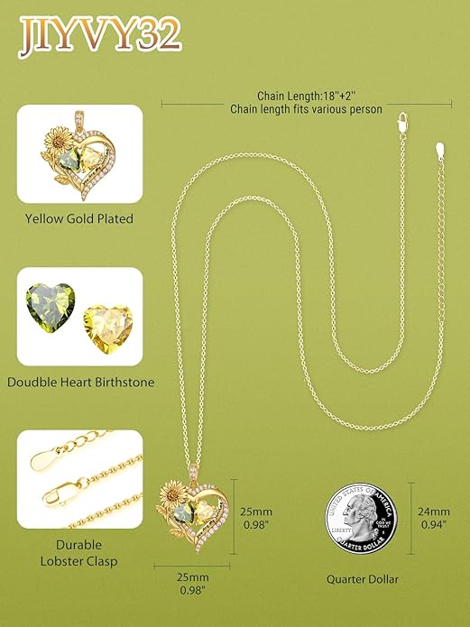 Sunflower Heart Necklace for Women 14K Gold Exquisite Anniversary Birthday Gifts for Wife Mother Her Double Birthstone Pendant jewelry‘You Are My Sunshine’
