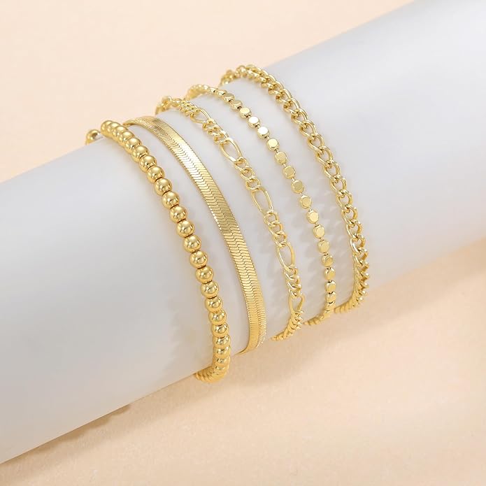DEARMAY 14K Gold Plated Bracelets for Women Waterproof, Jewelry Sets Trendy Thin Dainty Stackable Cuban Link Paperclip Chain Bracelet Pack Fashion Accessories Gifts for Womens