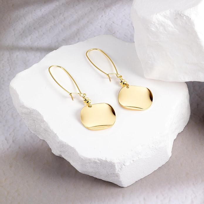 14K Gold Dangle Earrings for Women，Lightweight Circle Disc Coin Geometric Flat Brushed Drop Earrings, Hypoallergenic Leverback Earrings S925 Jewelry