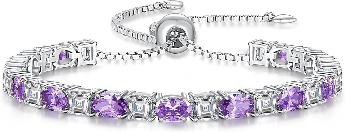 Sterling Silver Birthstone Bracelets for Women White Gold Tennis Bracelets Adjustable Chain 6-9 Inchs Jewelry Hypoallergenic Anniversary Birthday Gifts for Women Mom Wife Her