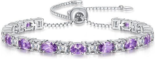 Sterling Silver Birthstone Bracelets for Women White Gold Tennis Bracelets Adjustable Chain 6-9 Inchs Jewelry Hypoallergenic Anniversary Birthday Gifts for Women Mom Wife Her