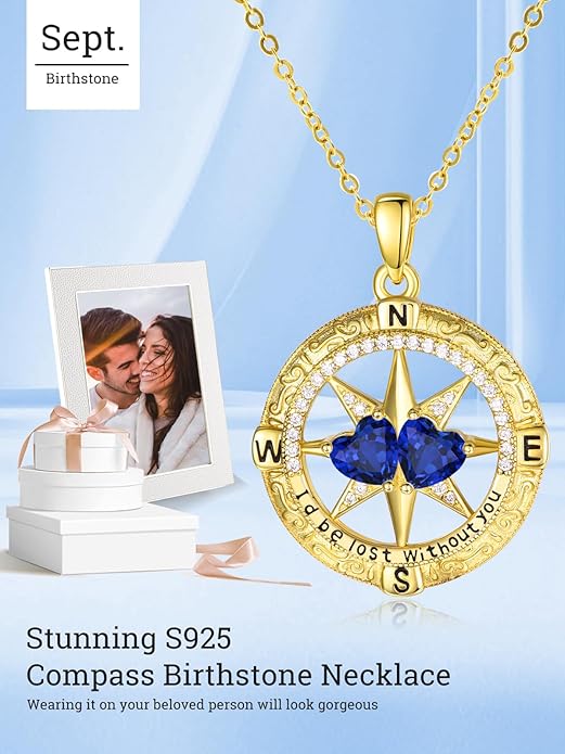 Zeuslia Double Birthstone Necklace Gifts for Wife - 925 Sterling Silver Sunflower/Rose/Crown Cross/Compass/Heart Pendant I Love You Necklace, Anniversary Birthday Gifts for Wife Girlfriend Mom Her