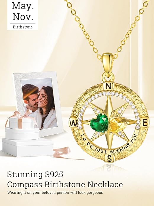 Zeuslia Double Birthstone Necklace Gifts for Wife - 925 Sterling Silver Sunflower/Rose/Crown Cross/Compass/Heart Pendant I Love You Necklace, Anniversary Birthday Gifts for Wife Girlfriend Mom Her