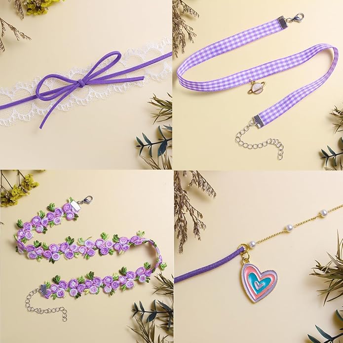 Nova&Aria Chokers Set For Women Heart Choker Necklaces Flower Pendant Velvet Cute Pink Turquoise Blue White Black Choker Necklace Christmas Colorful Lace Chokers