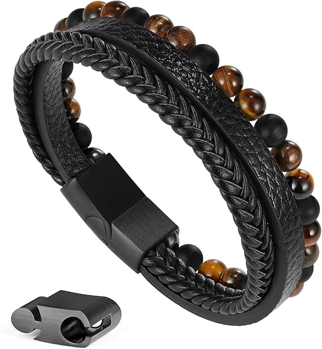 Gifts for Men - Layered Leather Beads Bracelet, Tiger Eye Lava Rock Stone Braided Leather Bracelets for Men Adjustable Magnetic Clasp Birthday Gifts