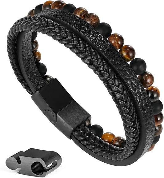 Gifts for Men - Layered Leather Beads Bracelet, Tiger Eye Lava Rock Stone Braided Leather Bracelets for Men Adjustable Magnetic Clasp Birthday Gifts