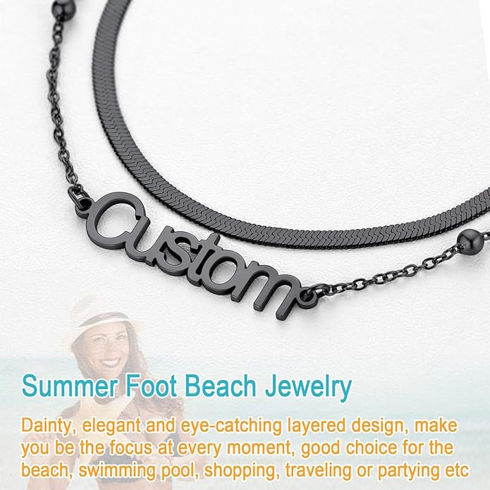 U7 Custom Layered Ankle Bracelets for Women Stainless Steel Bead/Cuban/Figaro/Rope/Wheat Chain Anklet Waterproof Anklet Jewelry for Beach Vacation