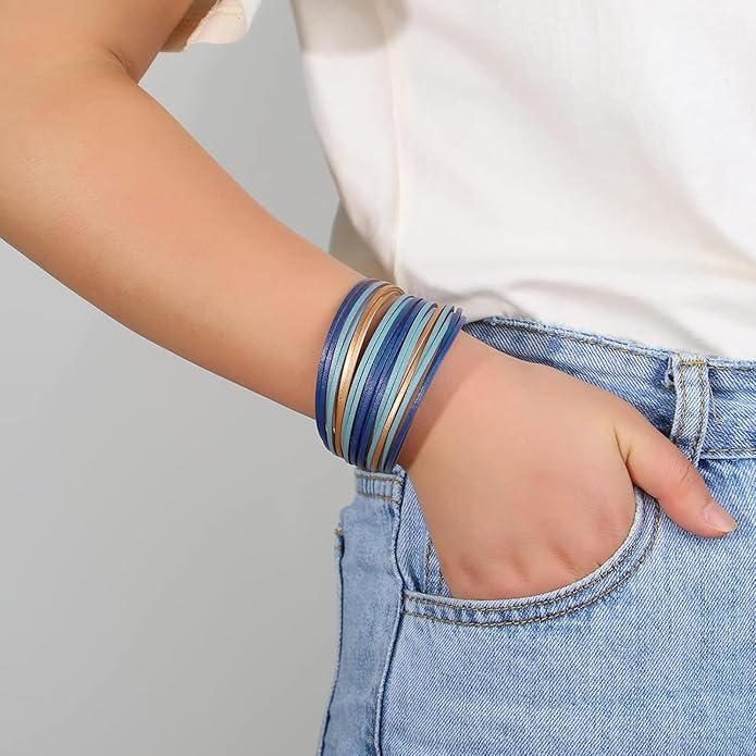 Fesciory Leather Wrap Bracelets for Women, Boho Leopard Multi-Layer Crystal Beads Cuff Bracelet Jewelry