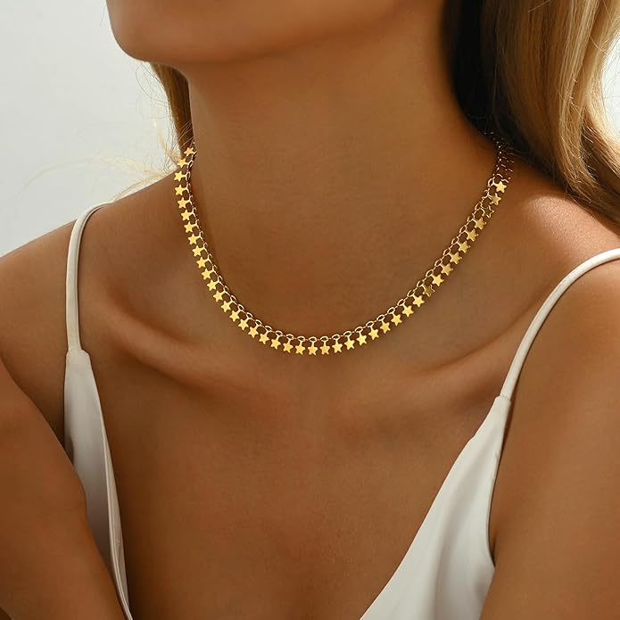 Gold Chain Necklace for Women 18K Gold Plated Stainless Steel Necklace Dainty Star Cross Heart Choker Chains Simple Delicate Minimalist Trendy Jewelry