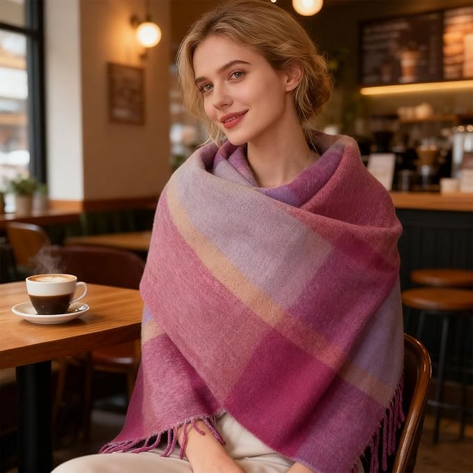 SHOHOKU Large Chunky Plaid Scarf Coloured Checked Oversized Scarf Tassel Soft Fall Winter Thick Warm Shawl Women