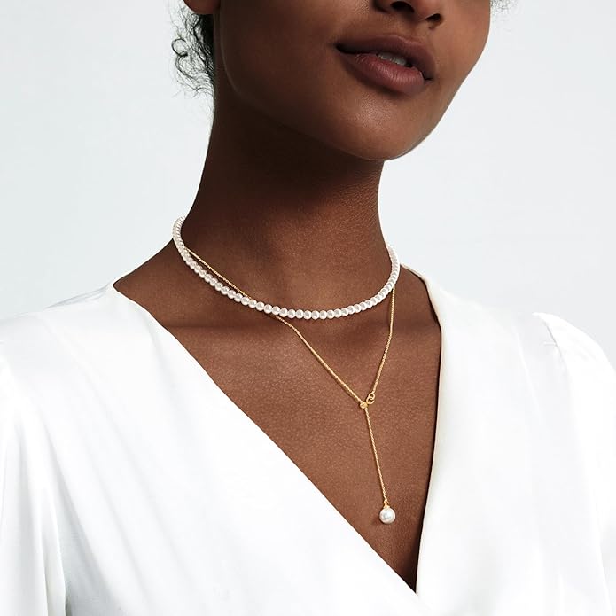 Zeffy Gold Pearl Necklace for Women, Dainty 14K Gold/Silve Plated Layered Pearl Choker Pearl Earrings Pearl Bracelets Wedding Trendy Gold Jewelry Set for Women Gifts
