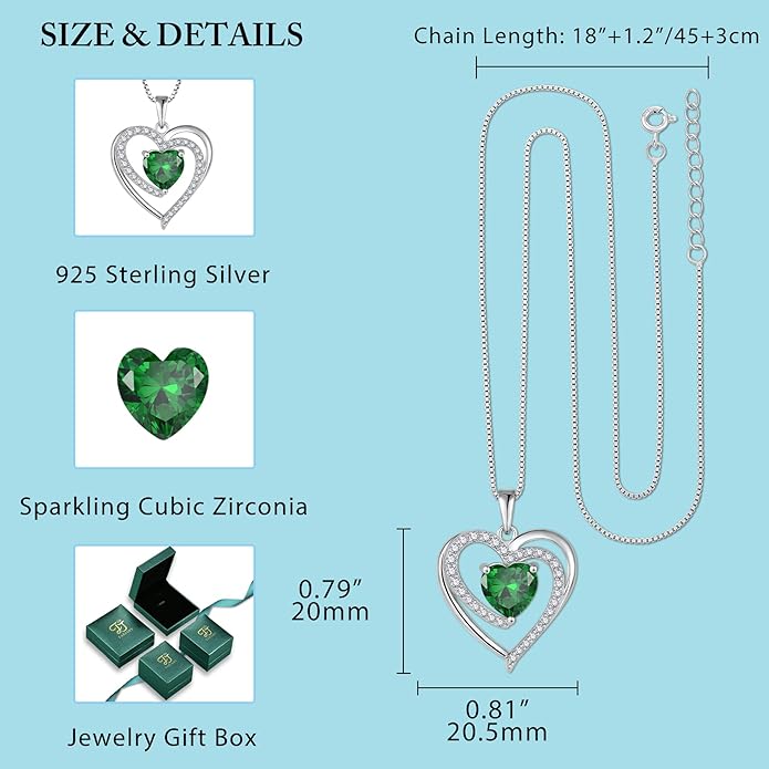 FJ Love Heart Necklace for Women 925 Sterling Silver Birthstone Pendant Anniversary Birthday Jewelry