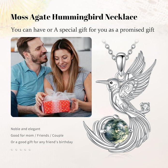 Hummingbird Necklace 925 Sterling Silver Dainty Natural Moss Agate Hummingbird Pendant Necklace Animal Jewelry Humming Bird Gifts for Women